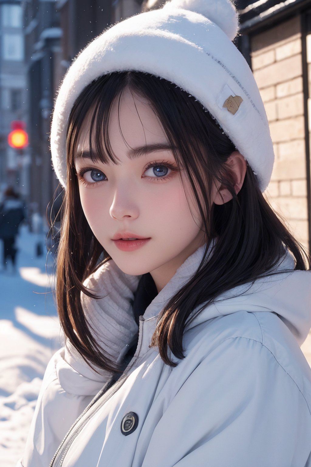 8k, ultra highres, real light and shadow, beautiful eyes, beautiful women, in the snow scene in winter, street