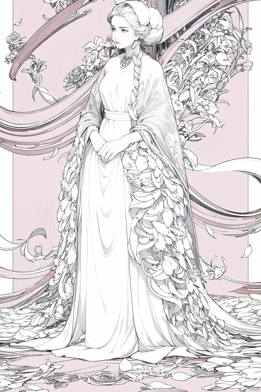 This is a picture of a woman standing in front of a huge,flowing flower background. Huge petals,she wore a long white dress with fine details and decorations. Her hair was combed into a low bun,giving her an elegant,dreamy look.yaomo<lora:EMS-378912-EMS:1.000000>