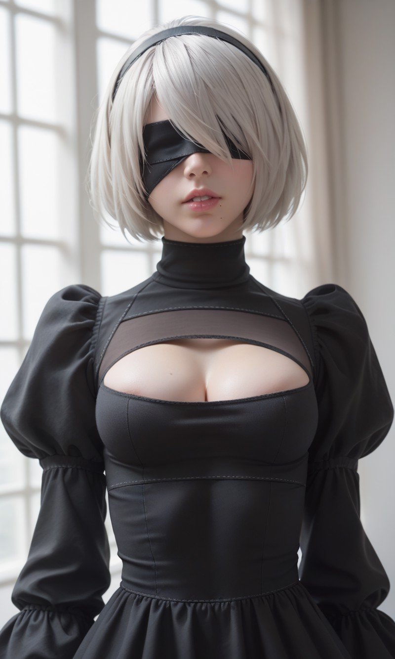 score_9, score_8_up, score_7_up, best quality, masterpiece,realistic, 1girl, solo, blindfold, yorha no. 2 type b, black blindfold, upper body, puffy sleeves, dress, short hair, white hair, black dress, juliet sleeves, hairband, breasts, cleavage cutout, long sleeves, parted lips, turtleneck, clothing cutout, black hairband, medium breasts, covered eyes, mole under mouth, mole, lips, pink lips, nose, facing viewer, hair over eyes, teeth