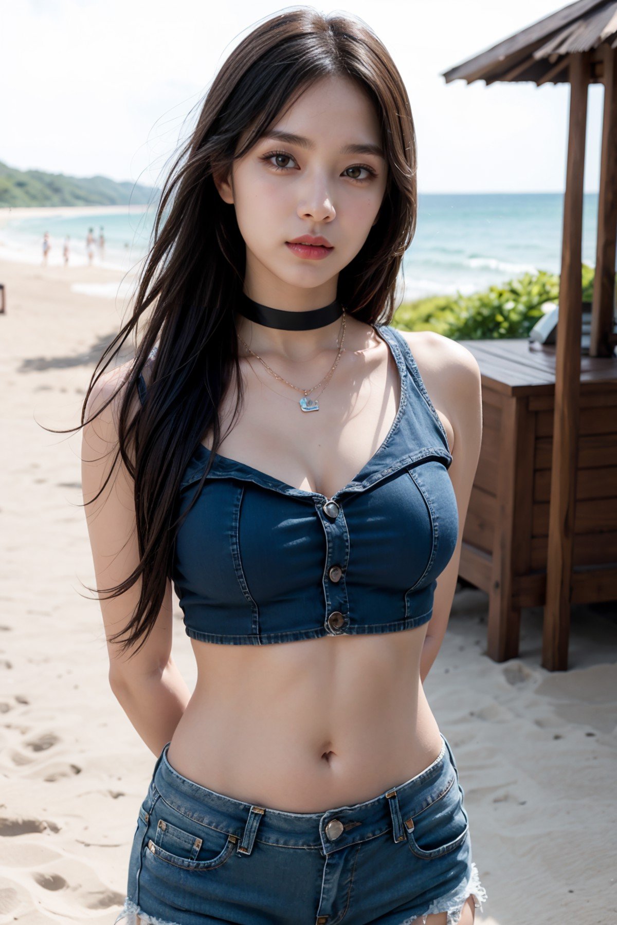 1girl, black hair, black nails, bracelet, choker, denim, jeans, jewelry, lips, long hair, midriff, nail polish, navel, necklace, short pants, realistic, ring, solo, arms behind backbreak beach,walking,