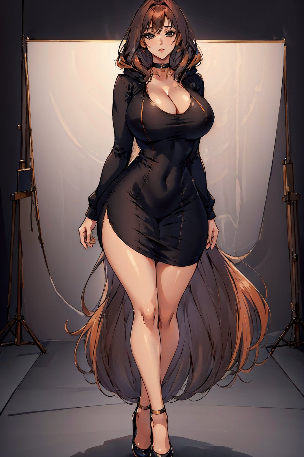 1girl, choker, cleavage, ckrdress-fc <lora:ckrdress-fc-v2:1>, full body, 1girl, supermodel, woman, oversized hoodie, large ass, auburn long hair, masterpiece, best quality, shoes, full body,white background, studio, looking away, covered by hood