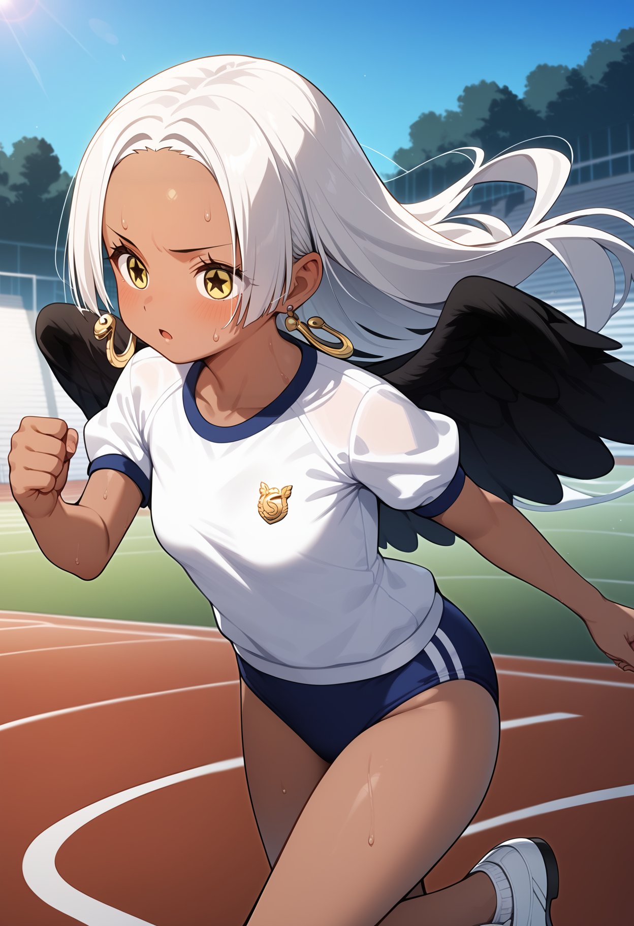 score_9, score_8_up, score_7_up, score_6_up, score_5_up, score_4_up, source_anime, aasnake, long hair, white hair, dark skin, earrings, yellow eyes, symbol-shaped pupils, black wings, small breasts, <lora:s-snake_ponyxl_v1:0.9>, running, cowboy shot, sweat, track, outdoors, gym uniform, gym uniform, white shirt, short sleeves, blue buruma,