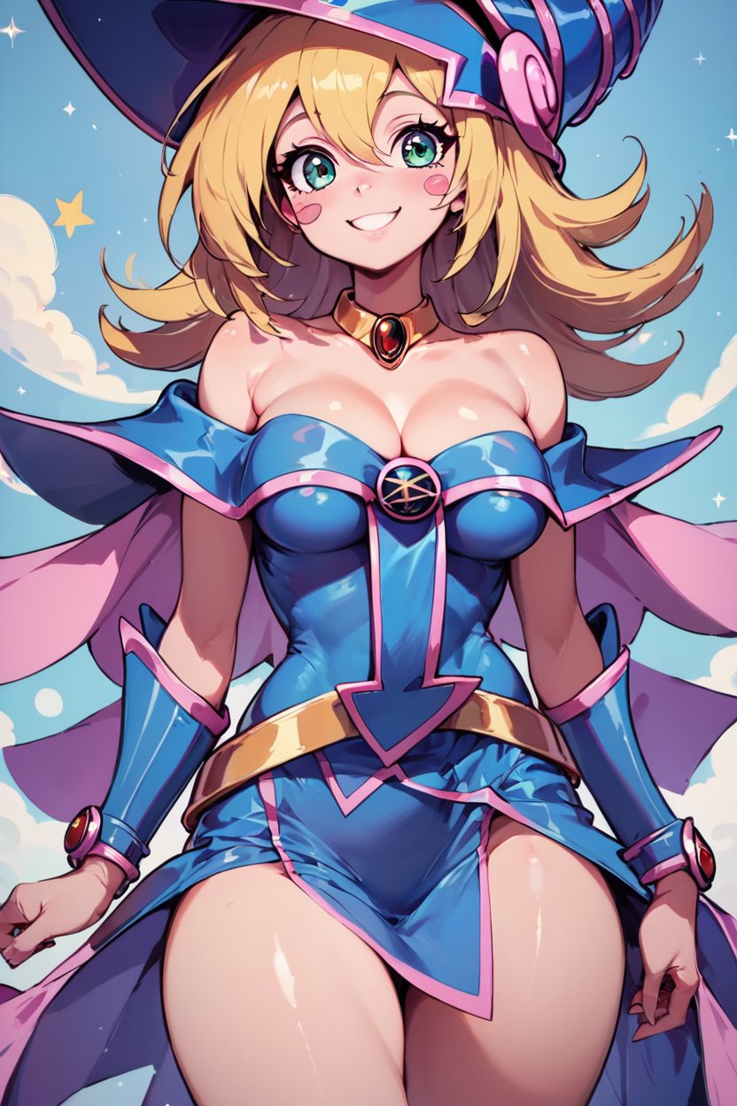 score_9, score_8_up, score_8, medium breasts, (curvy), cute, eyelashes,       Dark magician girl, blonde, wizard hat, blush, blush stickers, cleavage, bare shoulders, dress, off shoulder, solo, smiling, looking at viewer, cowboy shot,   <lora:Vivid:0.8>, embedding:zPDXL,