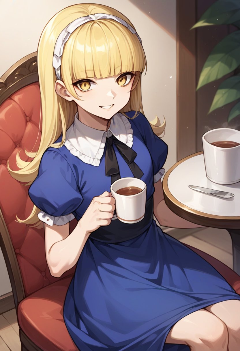 score_9, score_8_up, score_7_up, source_anime BREAK 1girl, solo,  <lora:zs_AliceXL:1> alicesmt, dress, long hair, blonde hair, hairband, blunt bangs, puffy sleeves, blue dress, yellow eyes, sitting on chair, holding cup, table,  smile