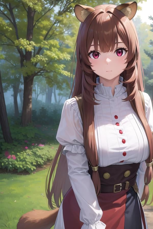 raphtalia, <lora:raphtalia-lora-nochekaiser:1>,raphtalia, animal ears, brown hair, long hair, raccoon ears, raccoon girl, raccoon tail, (red eyes:1.5), tail,BREAK arm garter, belt, brown belt, brown dress, dress, juliet sleeves, long sleeves, puffy sleeves, short dress,BREAK looking at viewer,BREAK outdoors, forest, nature, sun, sky, (cowboy shot:1.5),BREAK <lyco:GoodHands-beta2:1>, (masterpiece:1.2), best quality, high resolution, unity 8k wallpaper, (illustration:0.8), (beautiful detailed eyes:1.6), extremely detailed face, perfect lighting, extremely detailed CG, (perfect hands, perfect anatomy),