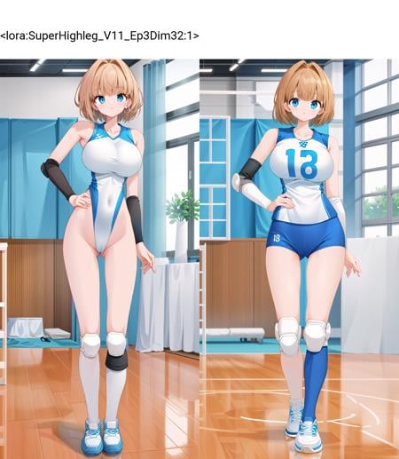 masterpiece, best quality, (super tall stature), (gigantic breasts), brown short hair, blue eyes, white vollyball uniform, volleyball, indoor stadium, sportswear, realistic, tall, elbow pads, knee pads, see-through leotard <lora:volleyballUniform_v10:0.8> <lora:microwaistV05:0.8>  <lora:ZTaiga_Artstyle_V229_Ep2_Dim8:1> Z.Taiga  <lora:SuperHighleg_V11_Ep3Dim32:1>