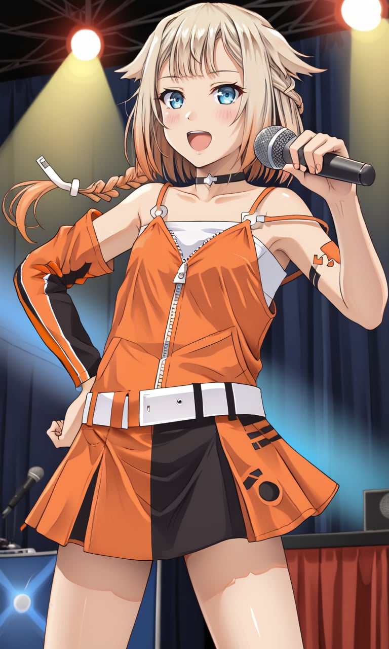 stage, microphone, sing, open mouth, leaning <lora:ONE_CeVIO:1> ONE_CeVIO,blue eyes,blonde,orange tint,single braid,hair flaps,emblem choker,bare shoulders,single sleeve, detached sleeve,orange shirt,spaghetti strap,arm tattoo,leg tattoo,zipper,belt,black skirt,asymmetrical legwear,single black thighhigh,white knee boots