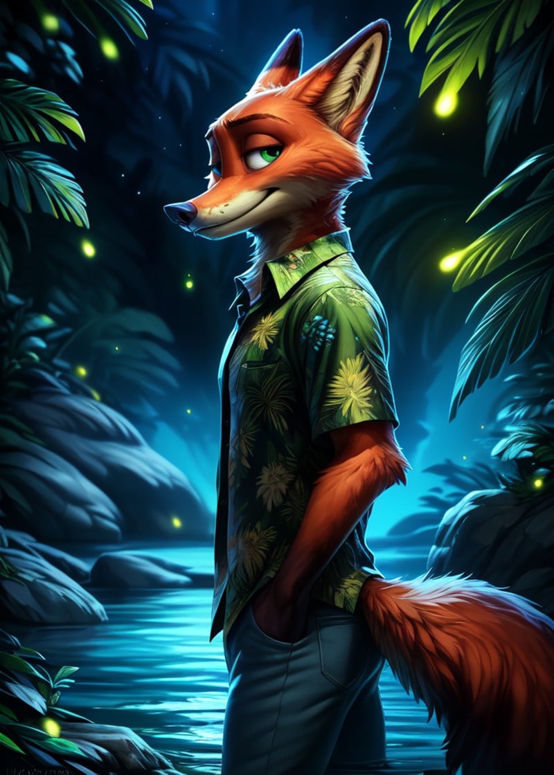 (by Homogenousrule, by Wildering, by Foxovh, by Catcouch),solo (((nick wilde)) blue hawaii floral shirt with jeans),(standing, three-quarter portrait, three-quarter view, looking at viewer:1.25),BREAK,(jungle, river, rock, firefly, night, glowing),(detailed background, depth of field, ambient silhouette, backlighting),masterpiece, best quality, 4k, 2k, (intricate:0.9), (high detail, shaded, realistic:1.25), absurd res