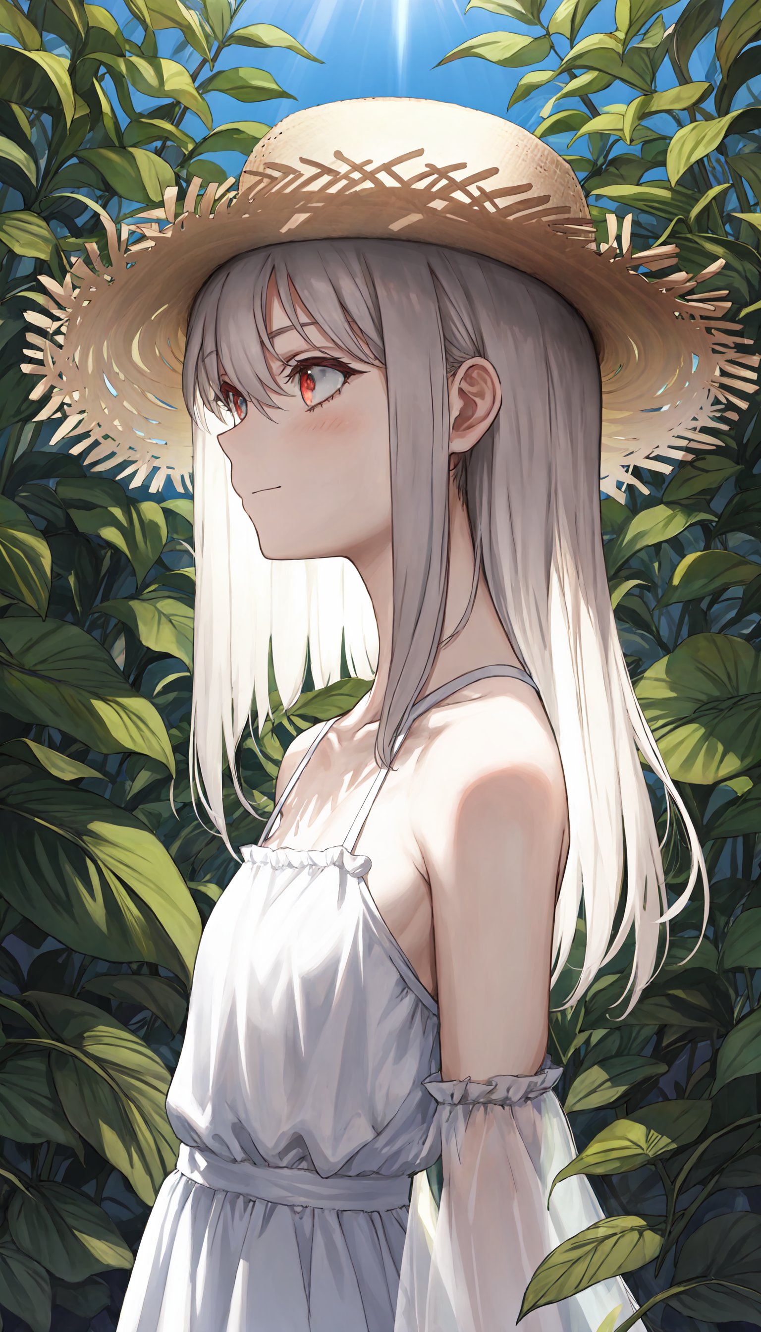 (portrait), (from_side), (looking_away), (turning_head), (upper_body), 1girl, solo, loli, petite, white_hair, (very_long_hair), red_eyes, medium_breasts, (closed_mouth), faint_smile, straight_hair, (glowing_eyes), (bare shoulders:1.2), (transparent_clothing), ((straw_hat)), see_through, (white_dress), wind_lift, hair_lift, (summer), ((white_dress)), branches, (leaves), foreground_bushes, (bushes), tree, forest, sunshine, tyndall_effect,((masterpiece)), (highres), (best_quality), (highly_detailed), (original),(Delicate background),(extremely detailed 8K wallpaper),cinematic lighting, volume lighting, light particles, shaded_face, beautiful_detailed_eyes, depth_of_field, perspective,