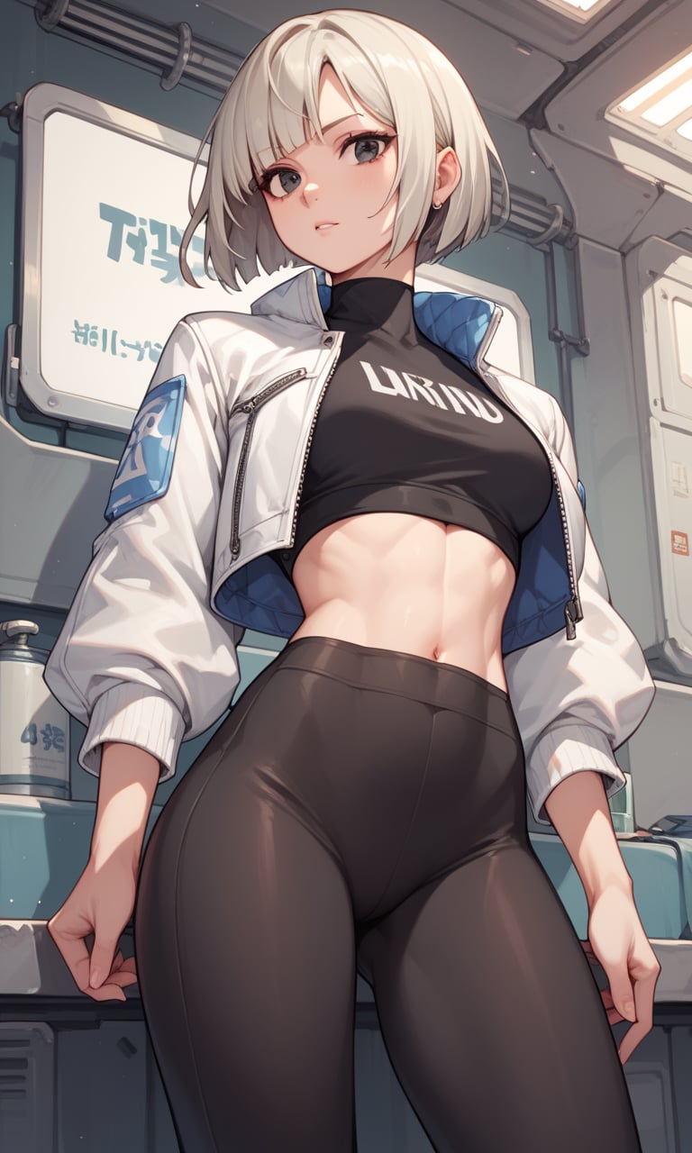 score_9, score_8_up, score_7_up, score_6_up, score_5_up, score_4_up, BREAK, 1lady,solo,leggings,cropped top,jacket,platinum blonde,bob cut,cowboy shot,black eyes,a hovering text '?',