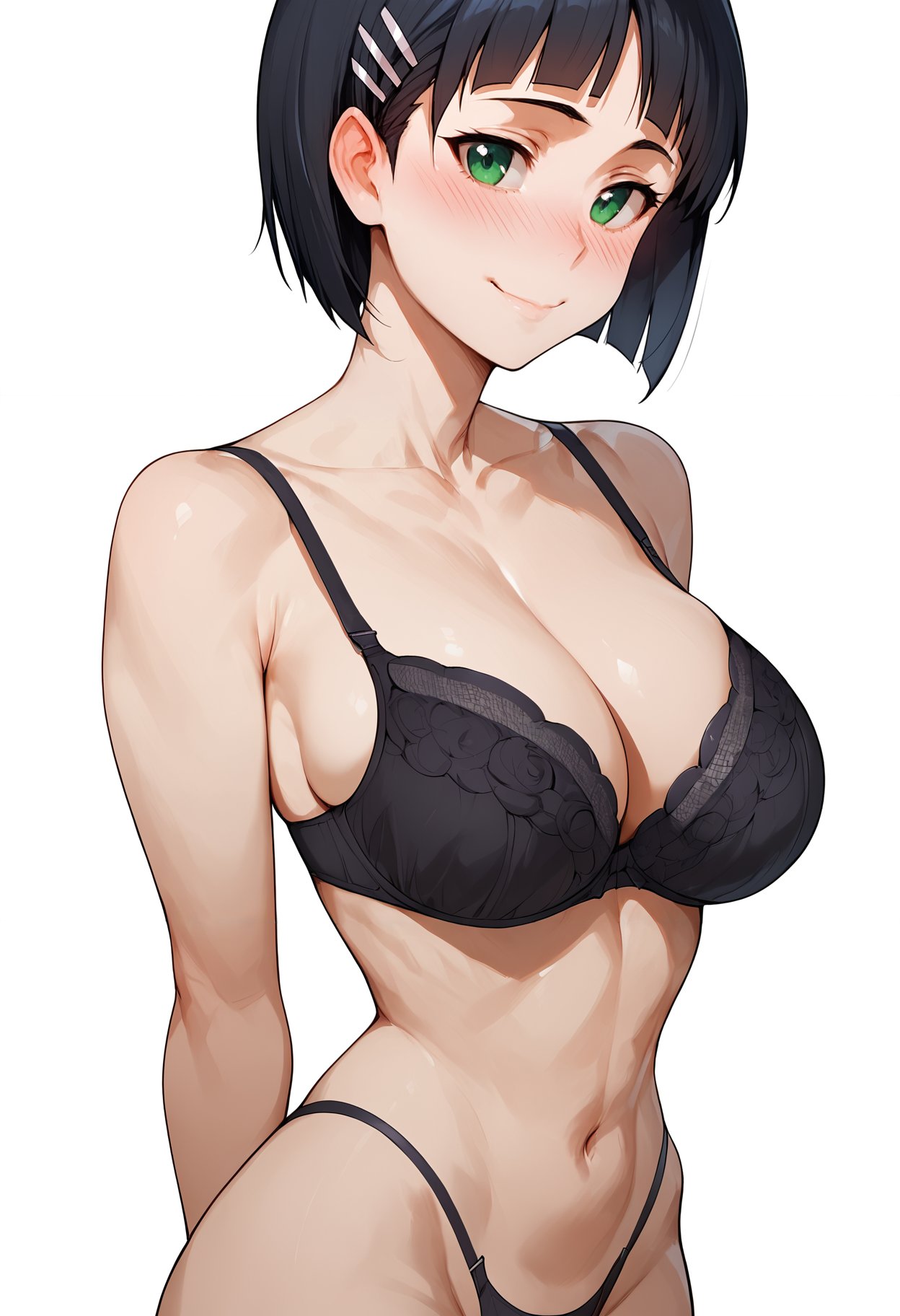 score_9, score_8_up, score_7_up, score_6_up, score_5_up,kirigaya suguha, sword art online, 1girl, arms behind back, black bra, black hair, black panties, blush, bra, breasts, cleavage, closed mouth, collarbone, cowboy shot, green eyes, hair ornament, hairclip, highleg, highleg panties, large breasts, looking at viewer, panties, short hair, simple background, smile, solo, underwear, white background