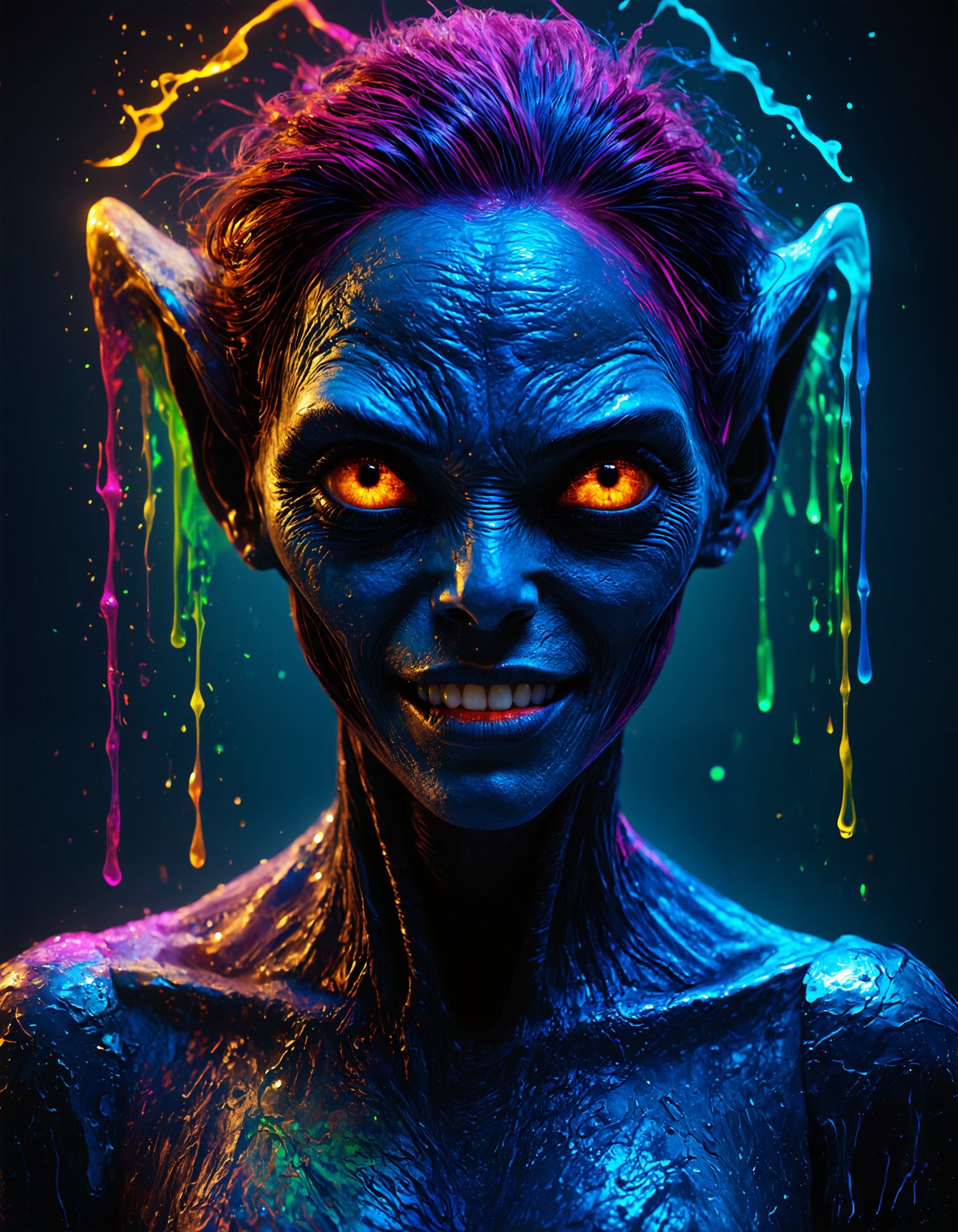 best quality,  8k,  ultra-detailed,  realistic:1.37,  vibrant colors,  vivid shading,  breathtaking portrait of an alien shapeshifter entity,  mesmerizing eyes,  intricate facial details,  otherworldly skin texture,  insane smile,  unnerving and intricate complexity,  surreal horror atmosphere,  dark shadows,  inverted neon rainbow drip paint,  ethereal glow,  hypnotic energy,  transcendent beauty,  mystical aura,  octane render, Ultimate Realism - High Detail Enhancement.safetensors