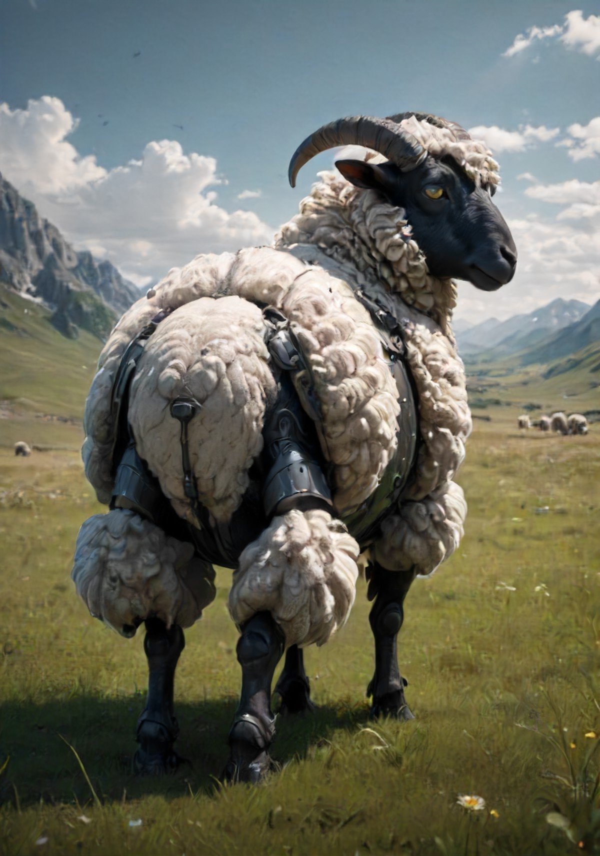 concept art, depiction of an armored sheep looking backwards wearing fluffy armor ready to protect its fluff, meadow, deep shadow, cinematic, contrast,   <lora:- SDXL - hevy_armored_mechvari_V1.5:.7>