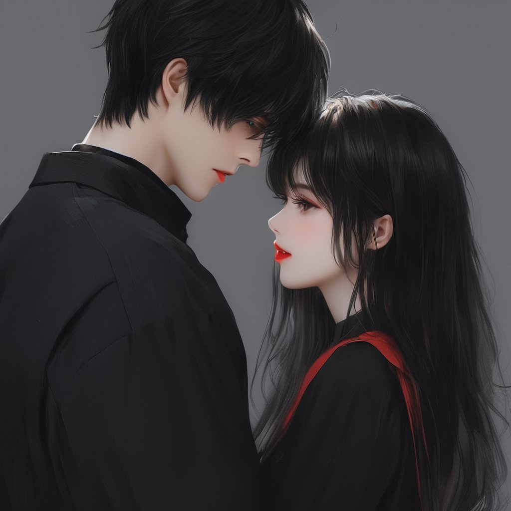 <lora:厚涂风格-000007:0.8>,1girl,1boy,black hair,long hair,simple background,grey background,looking at another,bangs,long sleeves,hetero,hug,sleeves past wrists,short hair,black eyes,skirt,red lips,closed mouth,black skirt,couple,