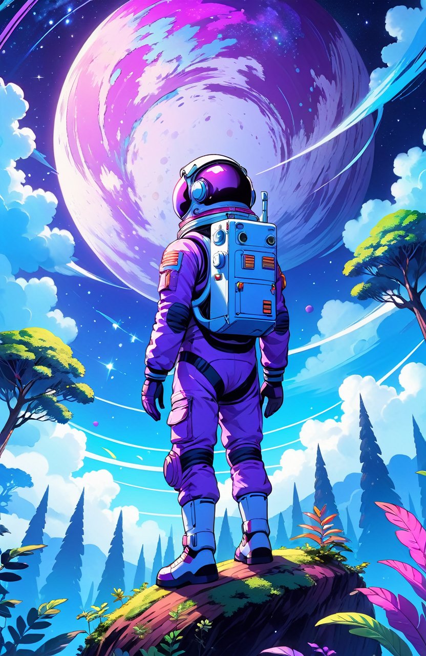 an artist's illustrative illustration of a spacenaut standing on top of a forest,in the style of nightcore,tropical landscapes,vibrant illustrations,purple and blue,32k uhd,illustration,anime art,