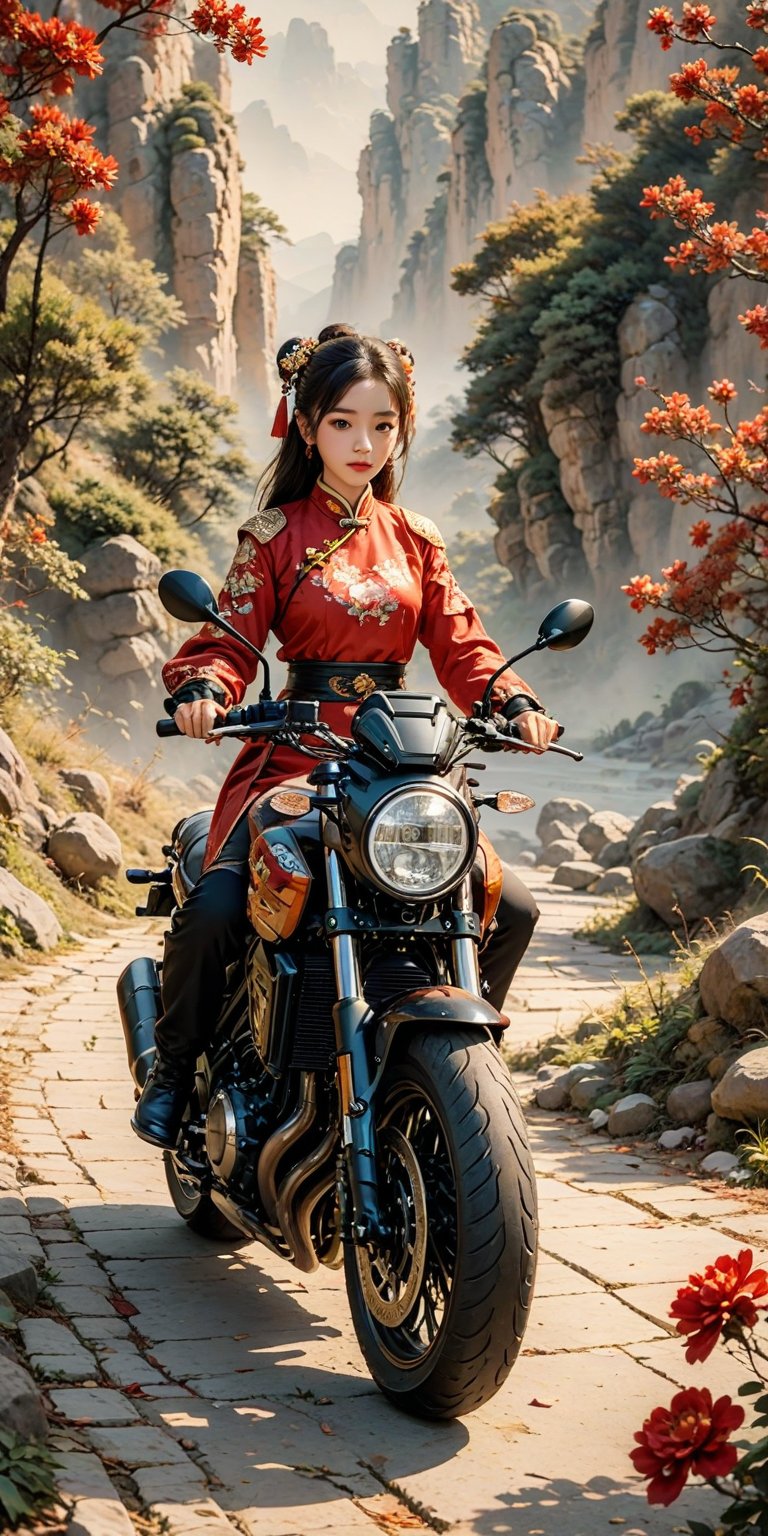 1girl, ridingmotor, motorcycle, Chinese traditional painting style, Tang Dynasty painting style, Fisheyes, masterpieces, top quality, best quality, official art, beautiful and aesthetic, animation, 8k raw,minimalism, (simple background:1.2),..