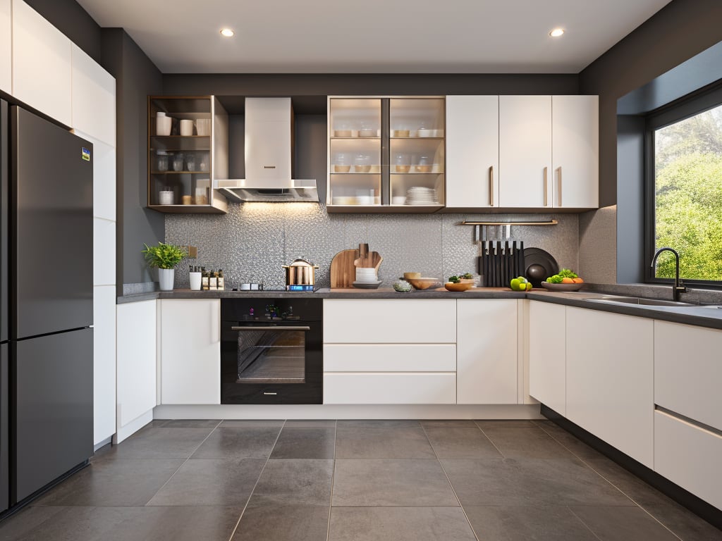 kitchen,plant,tile wall,tiles,window,fruit,indoors,food,stove,faucet,refrigerator,ceiling light,black theme,tile floor,frying pan,no humans,interior design,rendering style,cutting board,microwave,apple,kitchen knife,sunlight,window,