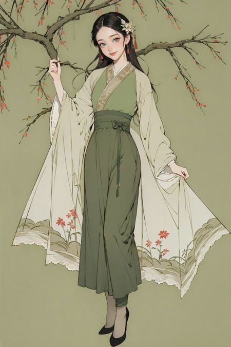 <lora:guofeng:0.9>,(chinese_art_style, simple background, green background),1girl,smile,standing,full body,hanfu,high heels,(cowboy shot),(outdoors, tree, leaves, chinese style buildings),(masterpiece,high quality,best quality),(colorful),(delicate eyes and face),volumatic light,ray tracing,extremely detailed CG unity 8k wallpaper,