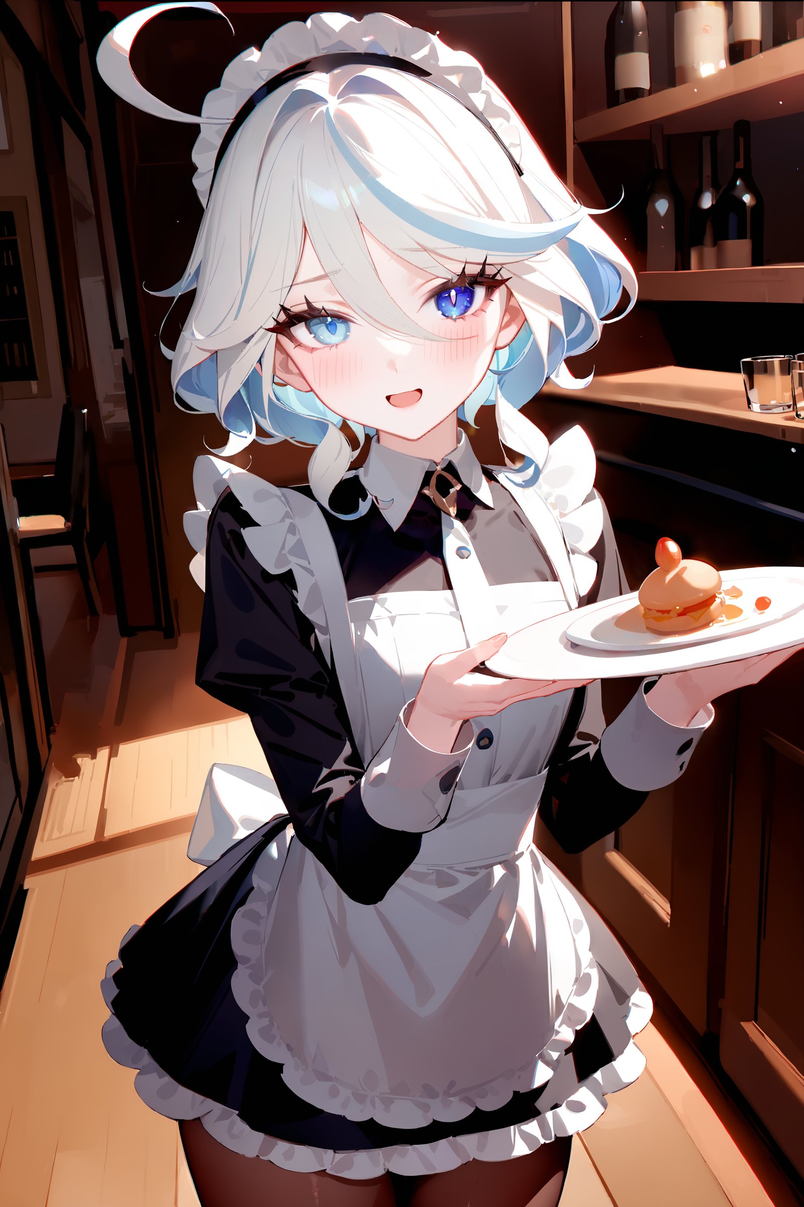 masterpiece, best quality, perfect features, intricate details, ray tracing, newest,(hitenkei, askzy:0.4), 1girl,  furina \(genshin impact\), heterochromia, solo, maid, maid headdress, maid apron, embarrassed, pantyhose, open mouth, blush, smile, open mouth, holding plate, looking at viewer, cowboy shot, bar \(place\), indoors, depth of field  <lora:Char-Genshin-Furina-XL-V1:0.9>