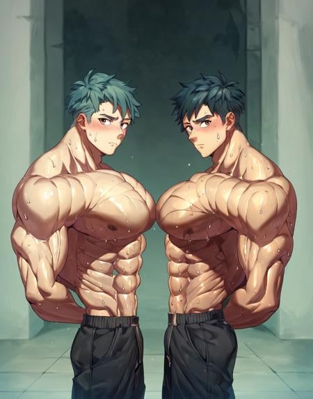 <lora:birisoba01-step00007000_spnckpt1_th-0.7:1>  2boys, side view, pectoral docking, touching pectorals, arms behind back, topless male, embarrassed, large pectorals, looking at you, sweat, (big pecs:1.1), score_9, score_8_up, score_7_up, score_6_up, male nipples