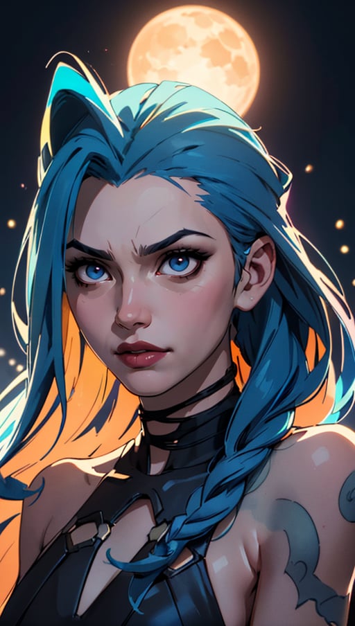 (best quality, masterpiece, colorful, dynamic angle, highest detailed)(Jinx, Legue of Legends, Arcane) upper body professional photo, award winning fashion photography of sexy, intense blue long hair, Jinx  <lora:JinxLol:1>, Legue of Legends, Arcane, flirting, bokeh, (intricate details, hyperdetailed:1.15), detailed, moonlight passing through hair, perfect night (fantasy background, extreme detailed, highest detailed, natural skin texture, hyperrealism, soft light, sharp, perfect face), HDR+