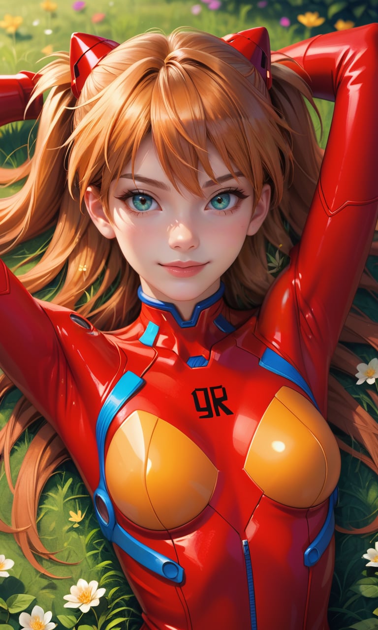 4n1v3rs3, score_9, score_8_up, score_7_up, upper body shot, 4n1v3rs3, Asuka Langley Souryuu, laying on back, green grass, expanse of colorful flowers, cowboy shot, red plugsuit, lake background, detailed face, light smile, hands behind the head, from front, seductive, innocent, (depth of field), (fine textures details)