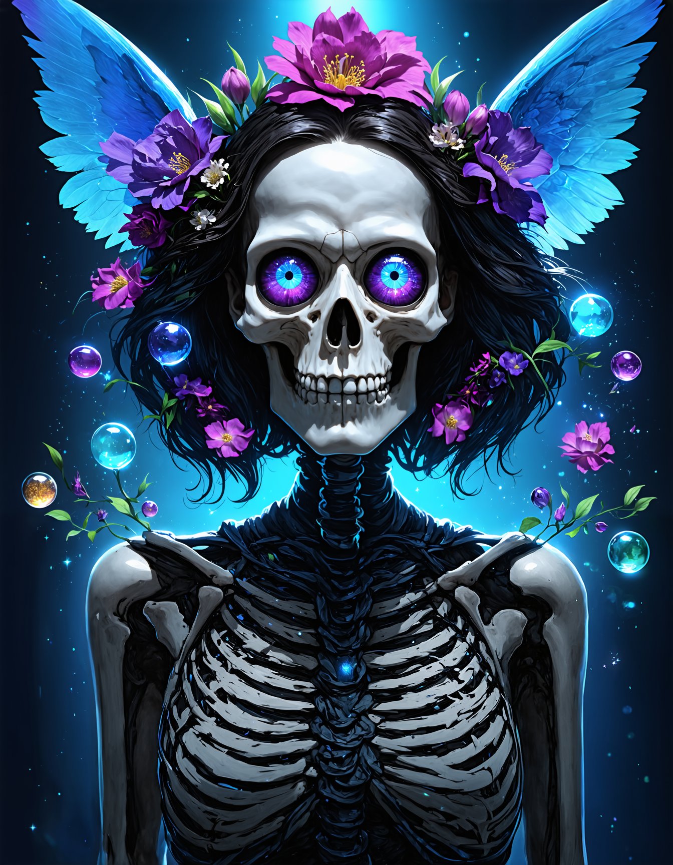 best quality,8K,highres,masterpiece, ultra-detailed, Vivid colors, sharp focus, ultra-detailed, masterpiece, extremely detailed CG, unity 8, whimsical humanoid skeleton, large glowing eyes with vibrant irises, adorned with flowers and vines, fantasy elements, bioluminescent plants, intricate floral patterns, fairy wings with translucent gradients, glowing orbs and gemstones, dark blue and turquoise gradient background, sparkles and glowing particles, artistic and surreal, fantasy art, high resolution, Ultimate Realism - High Detail Enhancement.safetensors