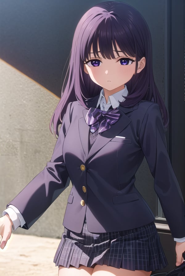 rionashijou, <lora:riona shijou s1-lora-nochekaiser:1>,riona shijou, bangs, purple hair, (purple eyes:1.1), medium hair,BREAK skirt, long sleeves, school uniform, jacket, socks, black skirt, two side up, black jacket, kneehighs, blazer, black socks, bow, bowtie, stripped, stripped bowtie,BREAK indoors, classroom,BREAK looking at viewer, (cowboy shot:1.5),BREAK <lyco:GoodHands-beta2:1>, (masterpiece:1.2), best quality, high resolution, unity 8k wallpaper, (illustration:0.8), (beautiful detailed eyes:1.6), extremely detailed face, perfect lighting, extremely detailed CG, (perfect hands, perfect anatomy),