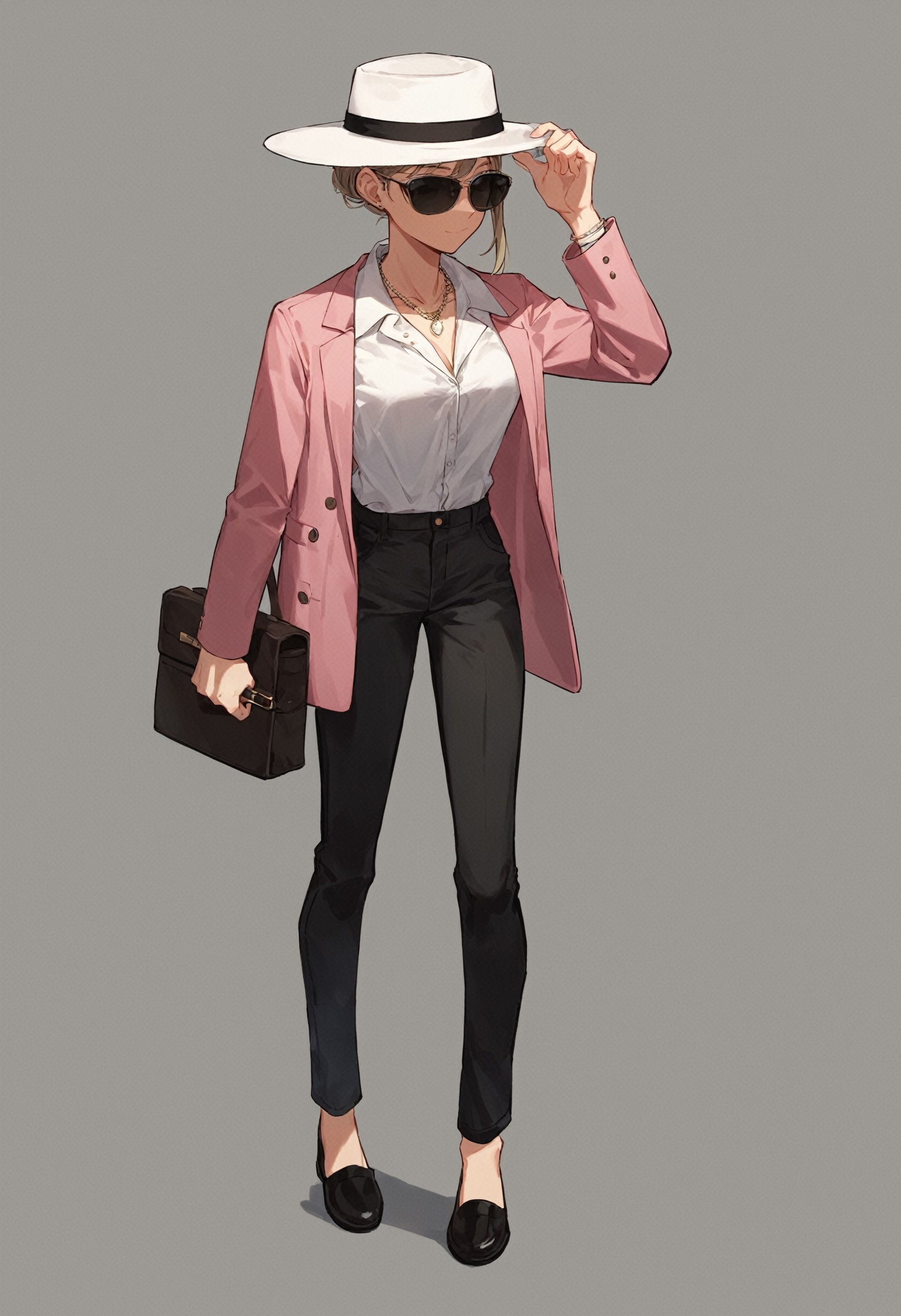 score_9, score_8_up, score_7_up, BREAK1girl, white fedora, sunglasses, necklace, pink blazer, white undershirt, black pants, leather shoes, fedora tip