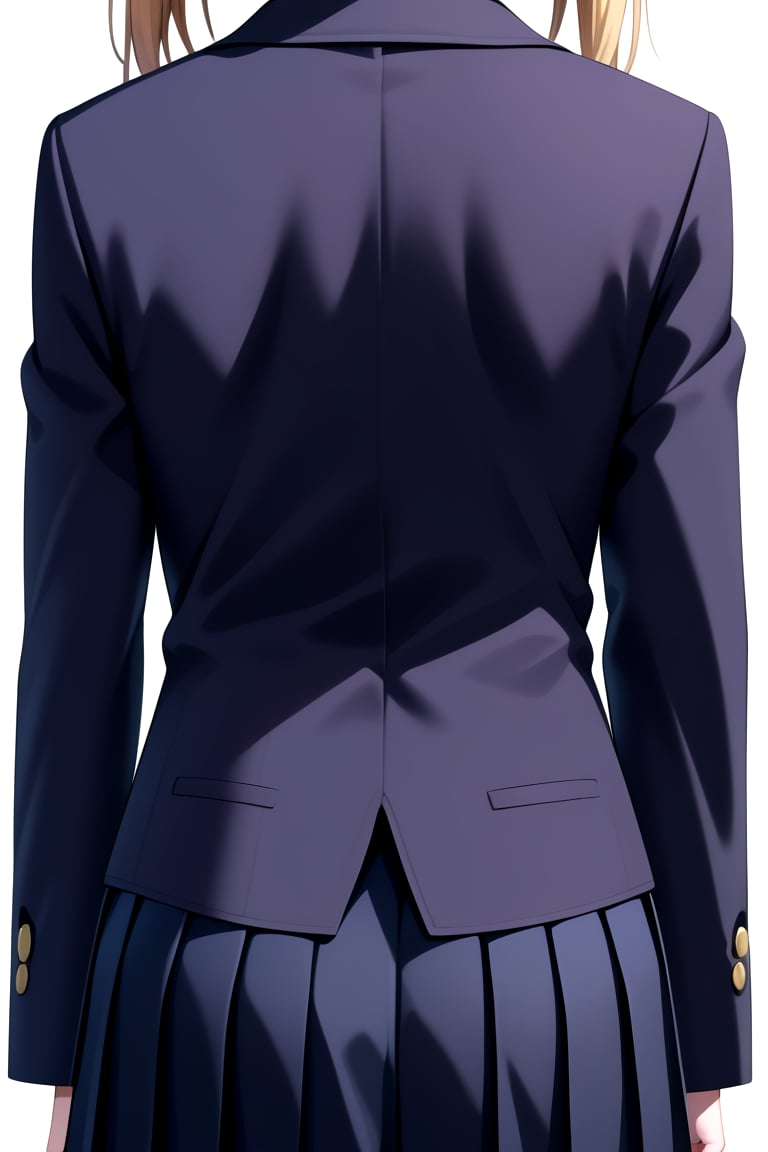 Highly detailed, High Quality, masterpiece, beautiful, 1girl, solo, skirt, simple background, long sleeves, white background, school uniform, (black jacket:1.5), female focus, pleated skirt, black skirt, arms at sides, headless, from back, back view<lora:EMS-418350-EMS:0.800000>