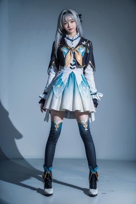 best quality,masterpiece,realistic,photorealistic,1girl,solo,smile,looking at viewer,standing,full body,arm at side,firefly cosplay costume,cosplay,long hair,white hair,dress,cropped jacket,capelet,shirt,skirt,long sleeves,frilled sleeves,bow,neckerchief,ribbon,fingerless gloves,hairband,hair bow,hair ornament,gradient legwear,gradient thighhighs,ankle boots,high heel boots,simple grey background,<lora:Honkai_StarRail_Firefly_costplay_costume_v1:0.7>,