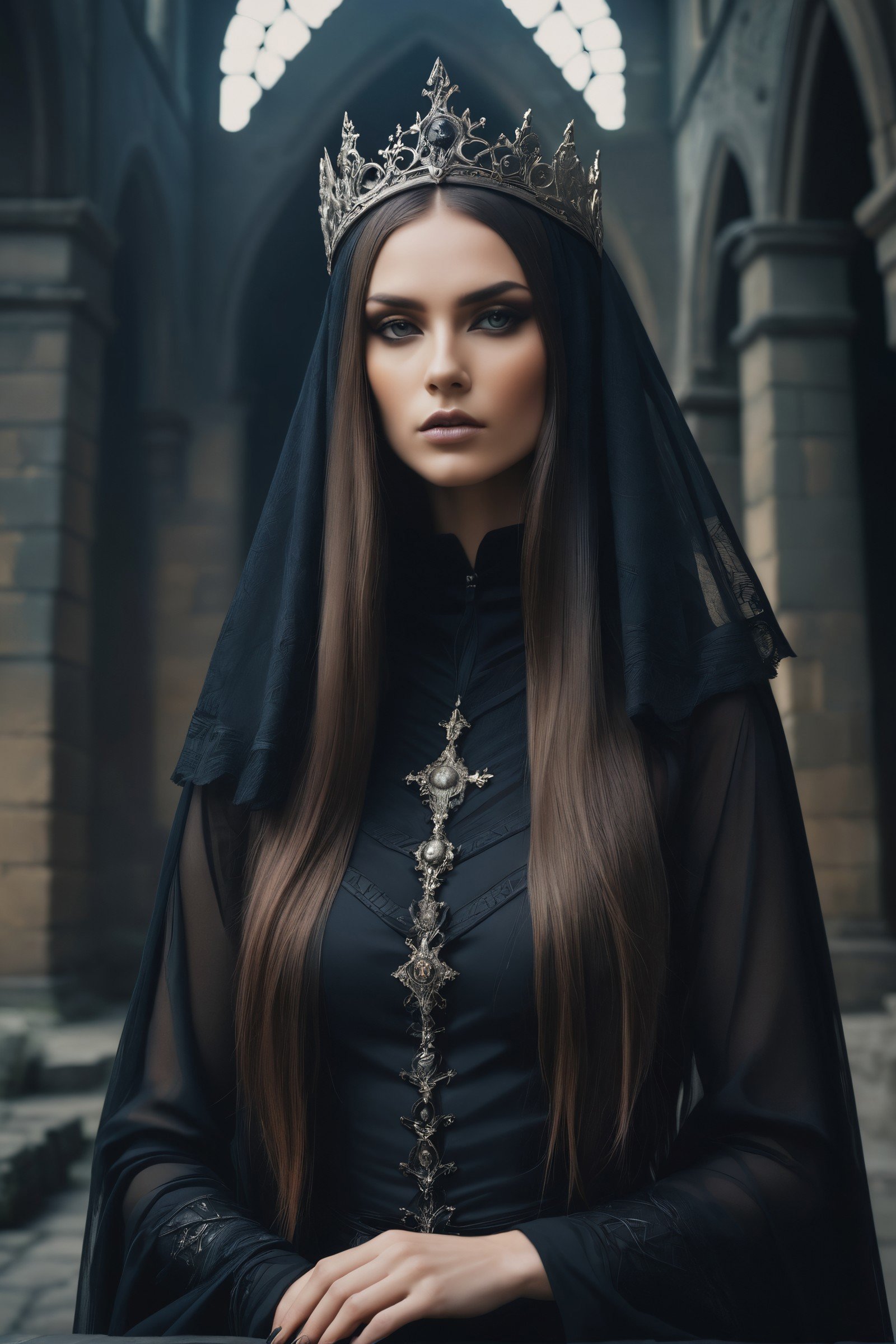 inspired by Anieszka Osipa artworks, extremely Beautiful veiled medieval woman, Dark fashion portrait, supermodel photoshoot aesthetic. Inspired by black metal bands, Norse shamanism, Low saturated colours, subdued light, background is old massive Castle