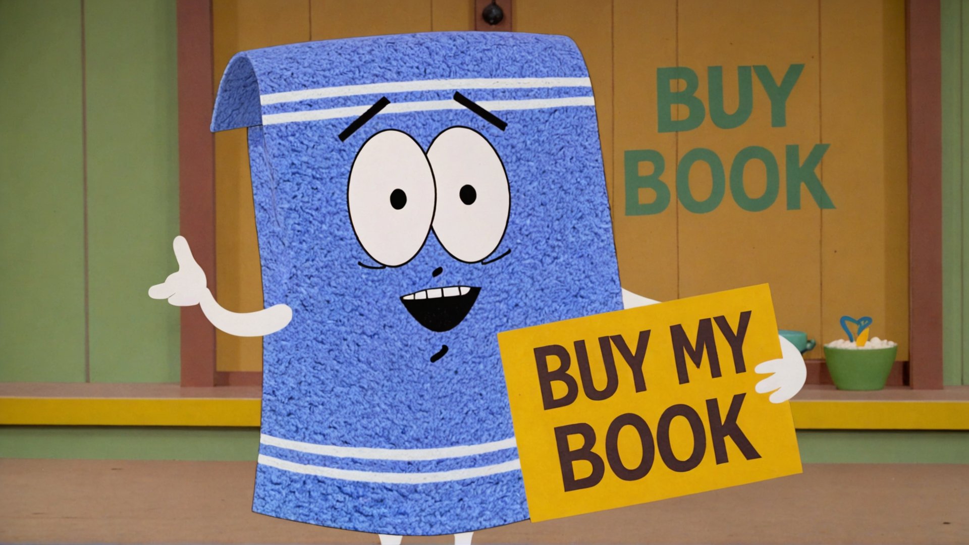 Photo of Towelie with a mustache on Oprah show with a sign that says "buy my book Amazon" <lora:Towelie_v420:0.8>