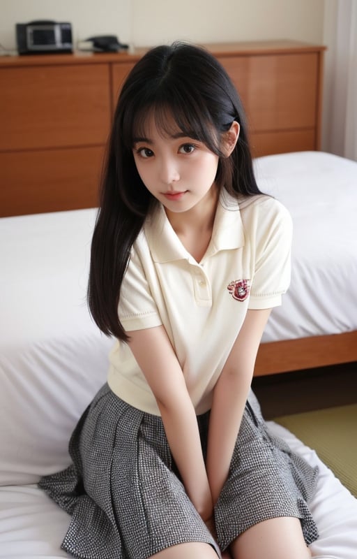 1girl,keai,cute little girl,(medium breasts:1.2),long black hair,first love girlfriend,Japanese style photo,Japanese high school student,wearing school uniform,rabbit sitting,on a white bed,attractive,attractive eyes,want to have sex,looking at the camera,boyfriend perspective,big eyes,delicate features,fair skin,<lora:rixikeaishaonv:0.4>,