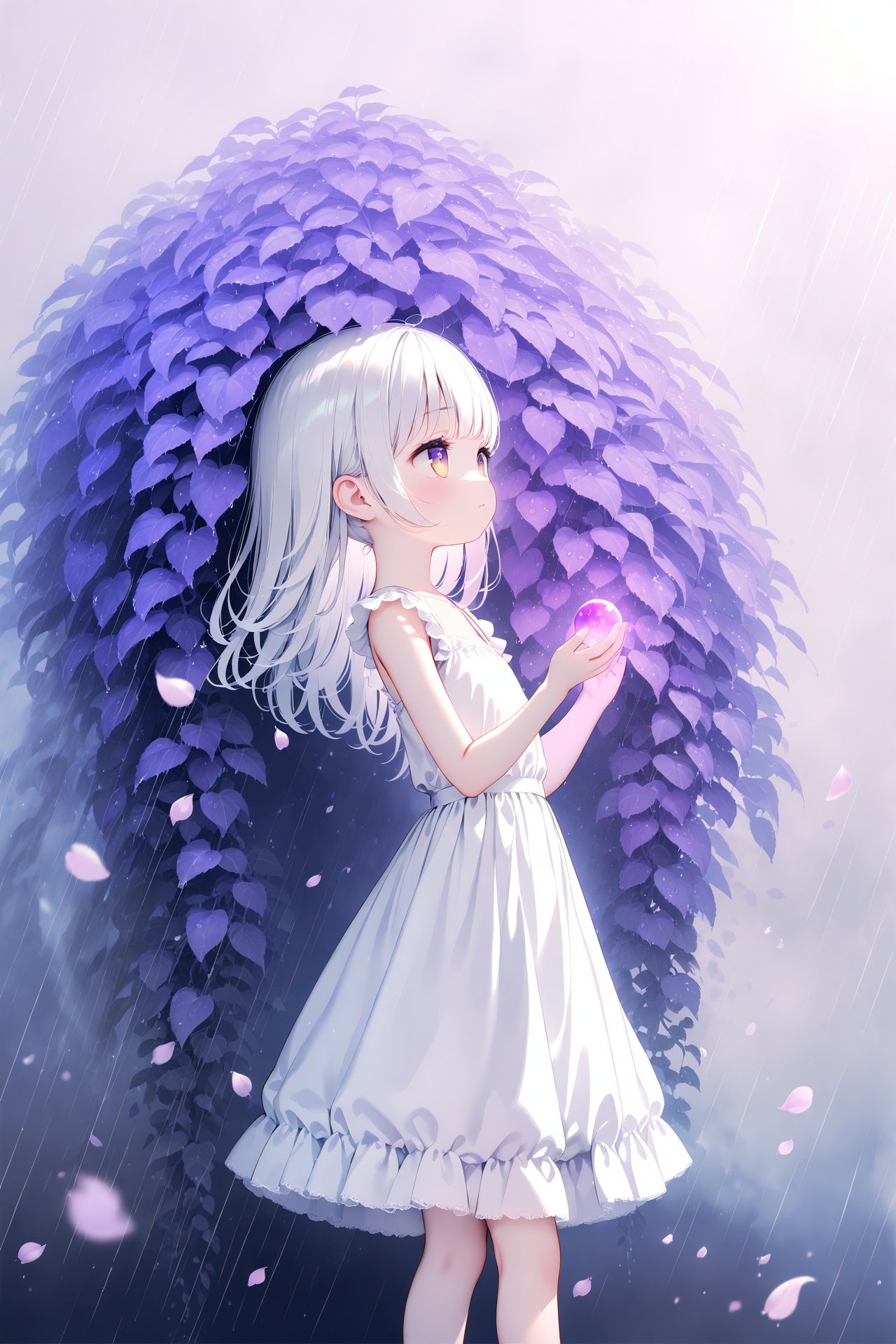 (masterpiece), (best quality), illustration, ultra detailed, hdr, Depth of field, (colorful),loli, white background, Dundar effect, a lot of purple vines, vines covering half of the painting, delicate plant details, a girl, girl, petite girl, long white hair, golden pupils, white dress, bare feet, side, side, upper body, head up, sad eyes, rain, light, figure light, petals, purple filter, left, fog, dream, unreal, Blur, float light