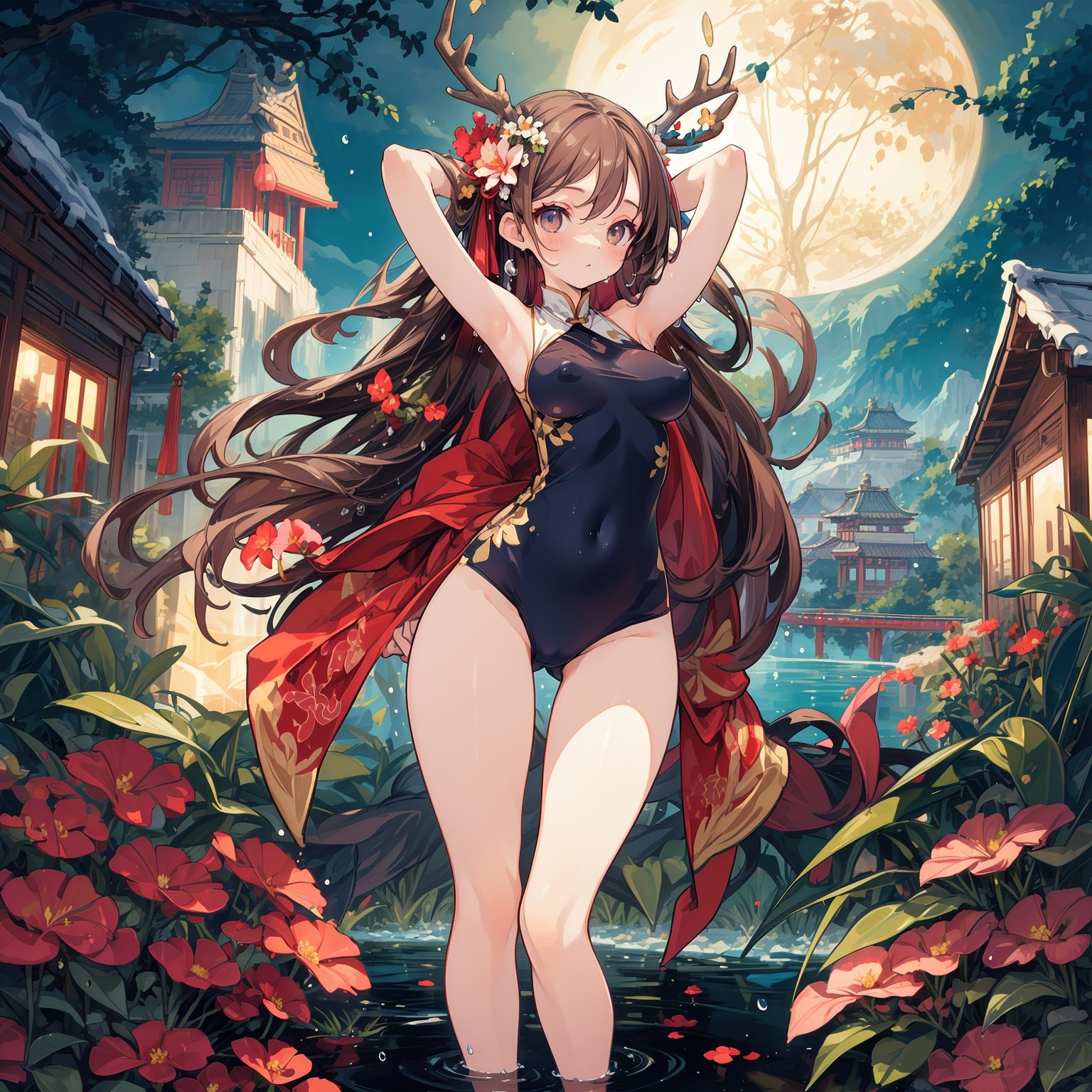 (masterpiece,4k, best quality,slim,thin,skinny), panorama,wide shot, (partially submerged:1.2), deer ears, deer antlers,winter,plum blossom, china traditional architecture,wintersweet,lake,mountain,expressionless, brown hair,grey eyes, very long hair,(floating hair),reflection,(covered nipples), raised eyebrows, night,full moon,(hair flower),fireworks,big hair,parted bangs, forehead, slim legs, water drop, dripping,full body,from below,china dress swimsuit, arms behind head,see-through swimsuit, hair over face, (slim legs,thigh gap,sleeveless),