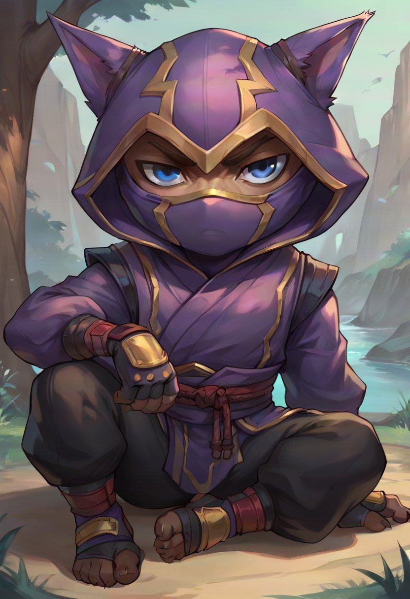 score_9, score_8_up, score_7_up, score_6_up, 1boy, solo, k3nn3n, hood, mask, yordle, solo, 1boy, male focus, hood up, blue eyes, pants, gloves, outdoors, looking at viewer, solo, sitting, <lora:Kennen_Default_v2-000028:0.7>, ninja