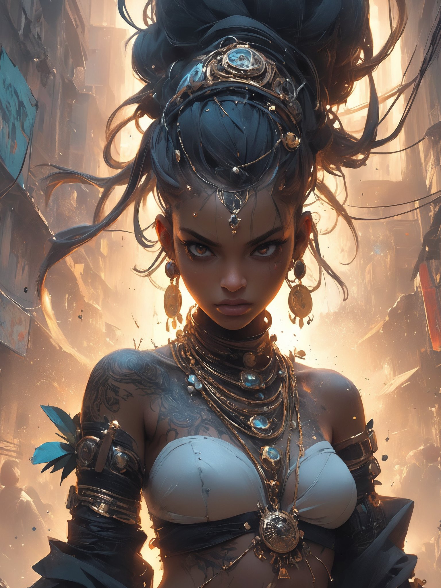 hyghly detailed and hyper realistic, style of Andreas Vesalius, by Bastien Lecouffe-Deharme, an abstract, surreal portrait of a cyberpunk voodoo priestess, obsidian skinned with golden tattoos and jewelry, highest contrast, moody, metallic, standing amidst an apocalyptic chaos storm with glowing debris flying around, epic action, Unreal Engine, cinematic award winning artwork, many details, extreme detailed, full of details,Wide range of colors., dramatic, Dynamic,Cinematic,Sharp details, Insane quality. Insane resolution. Insane details. Masterpiece. 32k resolution. casting shadow style, cucoloris patterned illumination,  dvr-lnds-sdxl, ral-dissolve, ral-ertmsphr, ral-porcelain, ral-pxlprtcl, Niji, aidma-niji