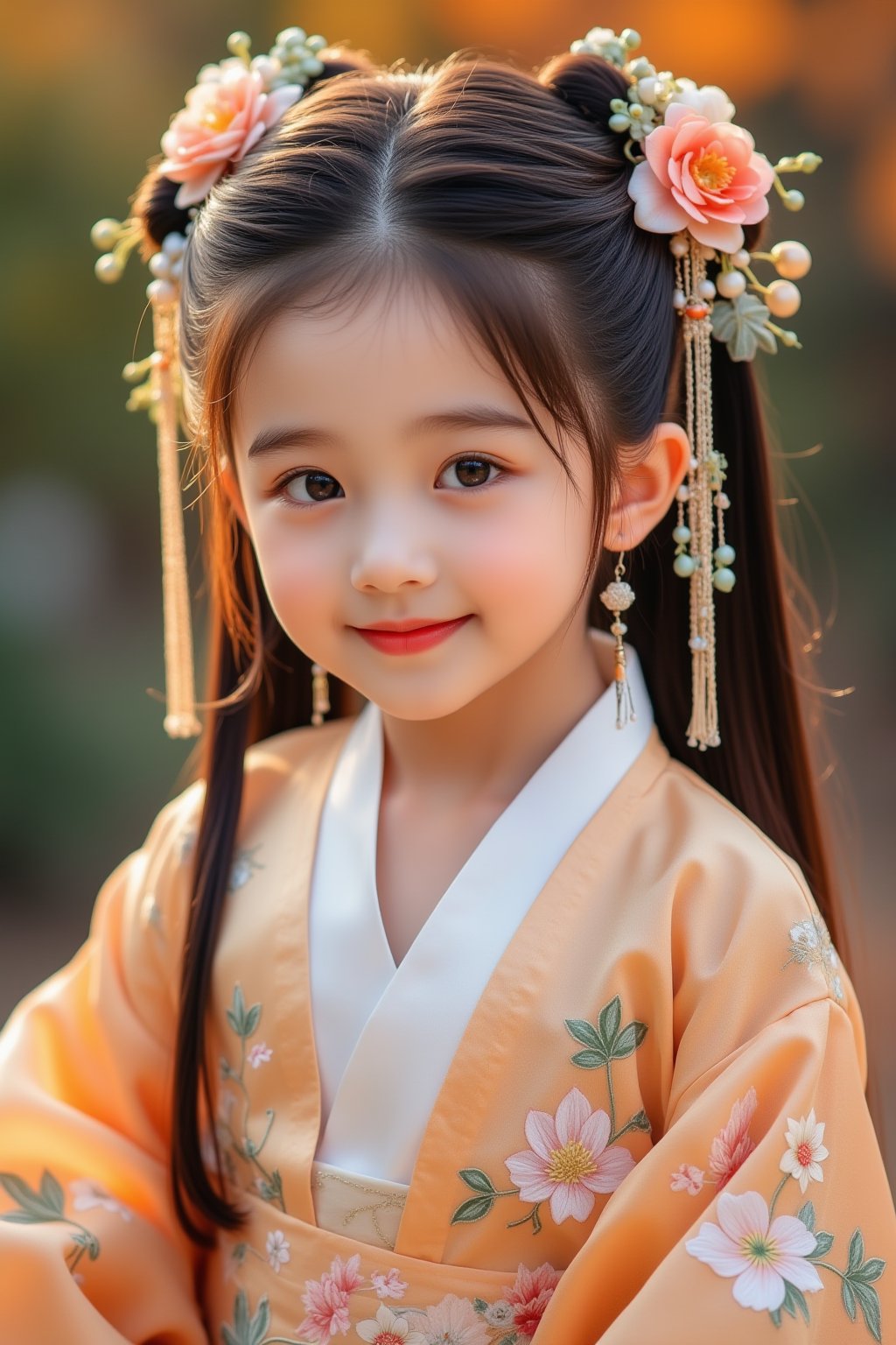 hanfu,1girl,solo,long hair,looking at viewer,smile,brown hair,black hair,hair ornament,long sleeves,closed mouth,upper body,flower,earrings,hair flower,blurry,black eyes,blurry background,chinese clothes,floral print,realistic,hanfu,