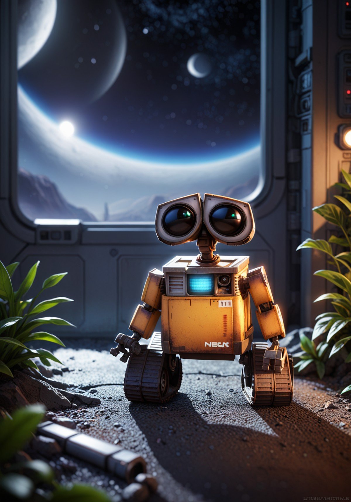 wall-e, full-length portrait, BREAK, detailed background, detailed foreground, depth of field, ambient silhouette, backlighting, space, moon, science fiction, plant