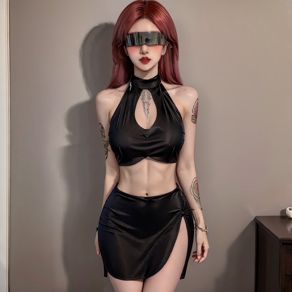 1girl,fair_skin,glamor,slender face,multicolored hair,makeup,fundoshi,eyeshadow,lipstick,light_blush,tattoo,ear_ornament,blindfold,(large breasts),bare shoulders,(midriff),(navel),((halter dress)),<lora:giao-000010:0.8>,<lora:FF_Girl丨多风格lora_v1.0:0.6>,