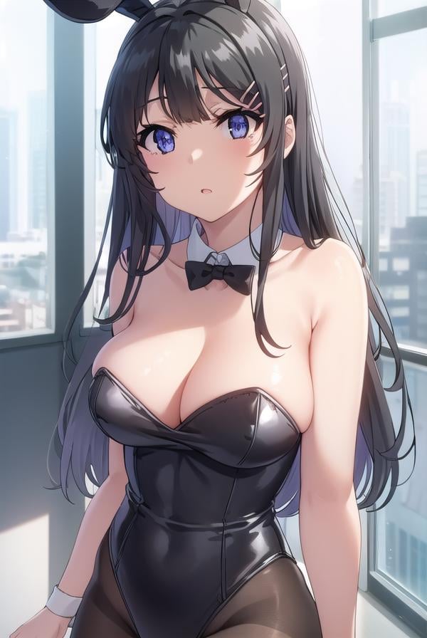 maisakurajima, <lora:mai sakurajima s1-lora-nochekaiser:1>, mai sakurajima, long hair, bangs, (black hair:1.5), hair ornament, (purple eyes:1.1), hairclip, rabbit hair ornament,BREAK bow, animal ears, cleavage, bare shoulders, pantyhose, bowtie, black footwear, rabbit ears, high heels, leotard, black pantyhose, strapless, black bow, detached collar, fake animal ears, playboy bunny, black leotard, strapless leotard, thighband pantyhose, black bowtie,BREAK indoors, library,BREAK looking at viewer, (cowboy shot:1.5),BREAK <lyco:GoodHands-beta2:1>, (masterpiece:1.2), best quality, high resolution, unity 8k wallpaper, (illustration:0.8), (beautiful detailed eyes:1.6), extremely detailed face, perfect lighting, extremely detailed CG, (perfect hands, perfect anatomy),