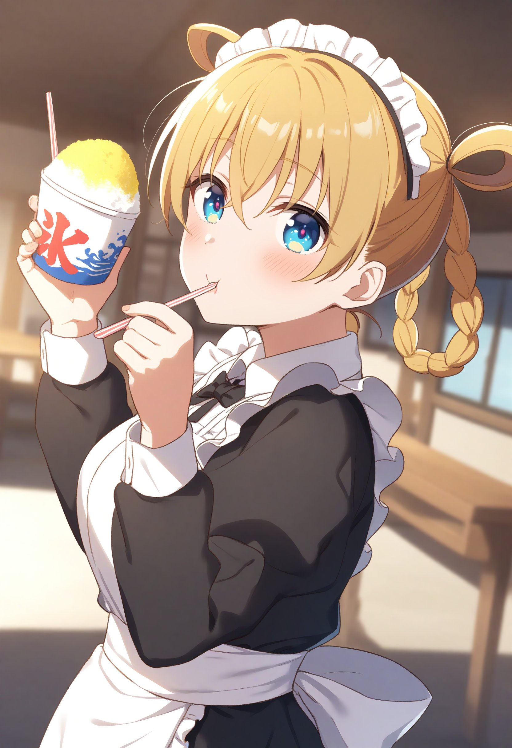 1girl,sincos, ningen mame, toosaka asagi,solo,large breasts,20yo,maid,maid headdress,shaved ice,<lora:shavedice_XL_v1:0.8>holding drinking straw, spoon straw, eating,ceiling, cinematic angle, looking back, blonde hair, brown eyes,laugh, settlement, closed mouth, hair rings hair,,best quality, very aesthetic, absurdres