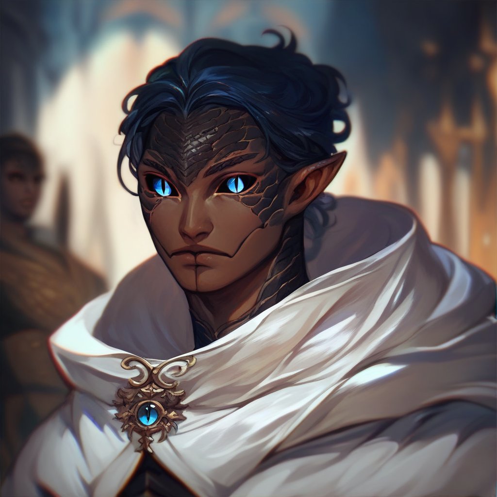 (((beautiful, high quality))), portrait, score_9, score_8_up, score_7_up, Yuan-ti, black sclera, slit pupils, scales, pointed ears, 1boy, blue eyes, dark skin, black scales, dark blue hair, white cloak, fantasy background, blurred background