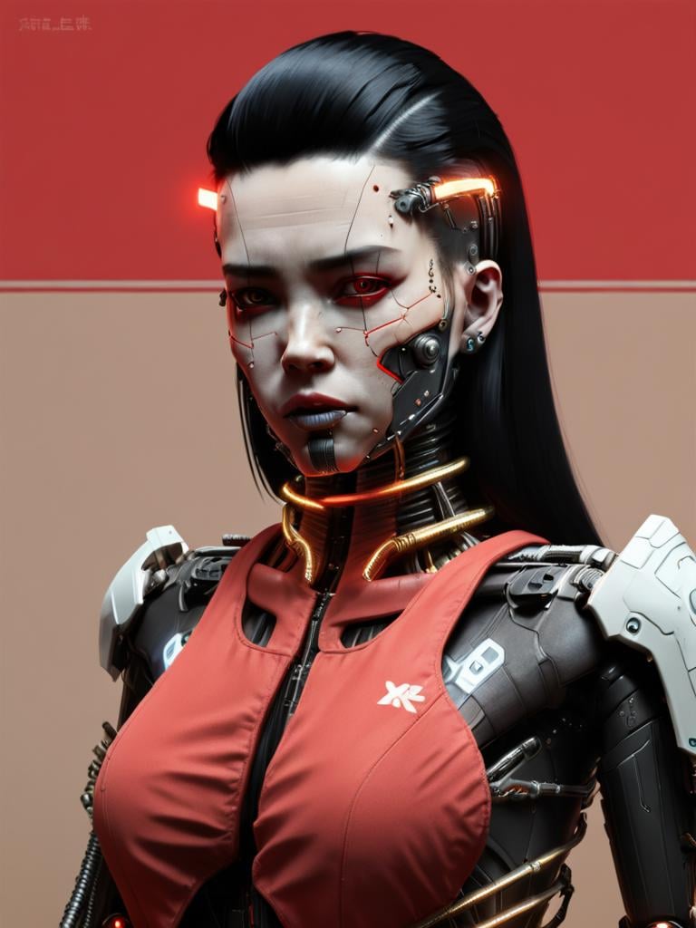 1girl, solo, looking_at_viewer, simple_background, black_hair, upper_body, red_background, science_fiction, android, cable, straight-on, cyborg, robot_joints, cyberpunk, mechanical_parts , <lora:Digital_Madness:0.75> 