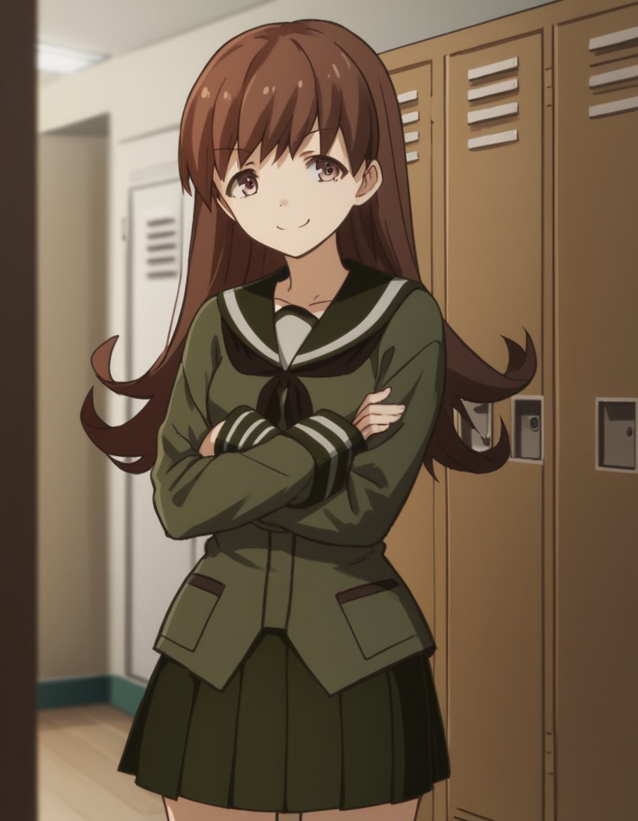 score_9, score_8_up, score_7_up, source_anime, <lora:kacolle-ooi-s1-ponyxl-lora-nochekaiser:1>, ooi, long hair, brown hair, brown eyes, ooi (kancolle), skirt, school uniform, pleated skirt, serafuku,, school hallway, lockers, between classes, everyday life, smile, , crossed arms, smile, smug, solo,, cowboy shot, dutch angle