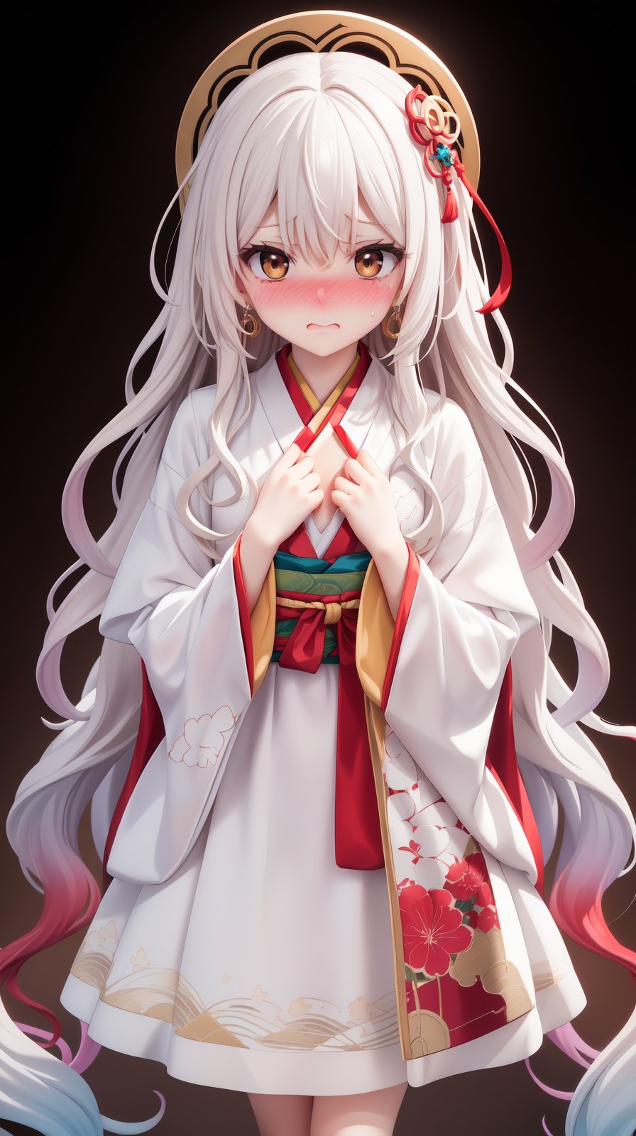 (wavy hair:1.2), (Very long hair:1.3), (Red layer), (Aesthetic medium chest:1.2), masterpiece, best quality, Solo, hair above cheeks, diamond earrings, Circle dress:1.2), Anime print on clothes, White clothes, (Embarrassed:1.6), (Nose blush:1.34), (Small chest:1.1), (Brown hair:1.5), (white hair:1.5), (gradient hair:1.4), (Highlighting:1.2), (Hanfu doll choli dress)