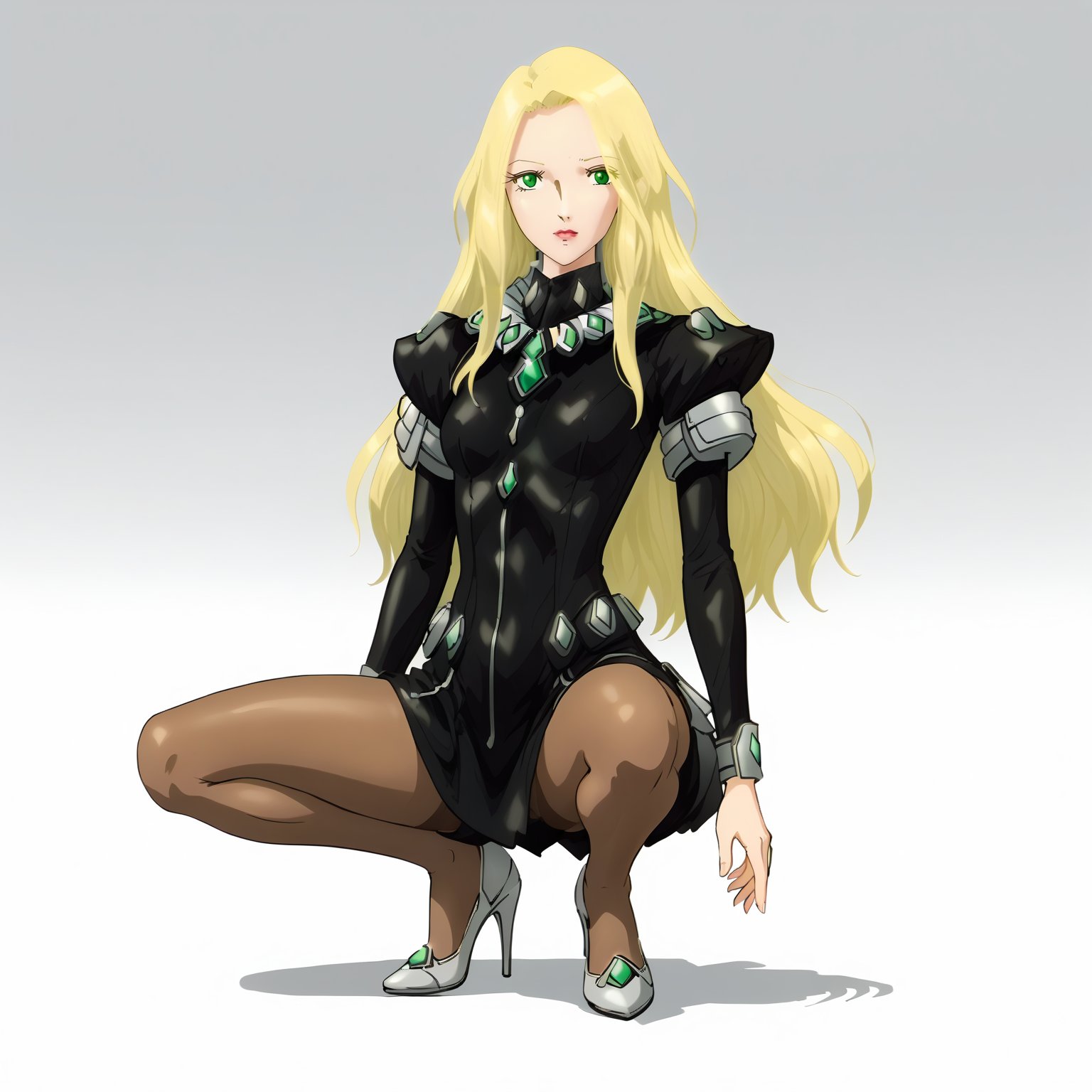 <lora:FatimaPasitheaXLpony002>,solo,FatimaPasithea,1girl,blonde hair,long hair,green eyes,black body suit,black dress,brown pantyhose,high_heels,full body,squatting,