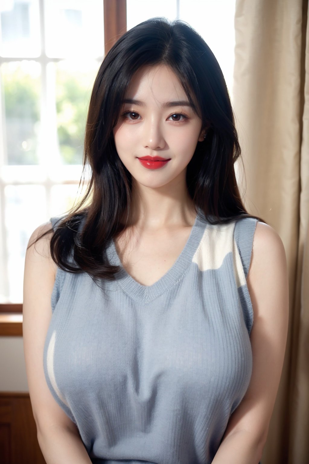 1girl, black hair,(huge breasts:1.2), brown eyes, curtains, indoors, lips, lipstick, long hair, looking at viewer, makeup, blue,sweater, sleeveless, smile, solo, sweater, upper body 