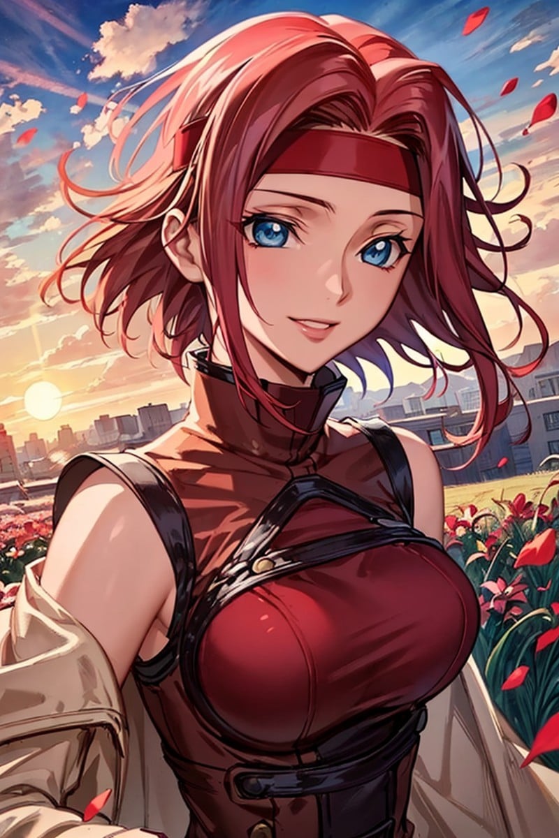 (best quality, masterpiece:1.3),kallencodegeass,(workclothes:1.3), extremely detailed,1girl,(colorful),(finely detailed beautiful eyes and detailed face),blue eyes,red hair,cinematic lighting,extremely detailed CG unity 8k wallpaper,solo,smile,((flying petal)),(Flowery meadow) sky, cloudy_sky, building, sunlight, sun,(cowboy shot:1.3),(red headband:1.3) 